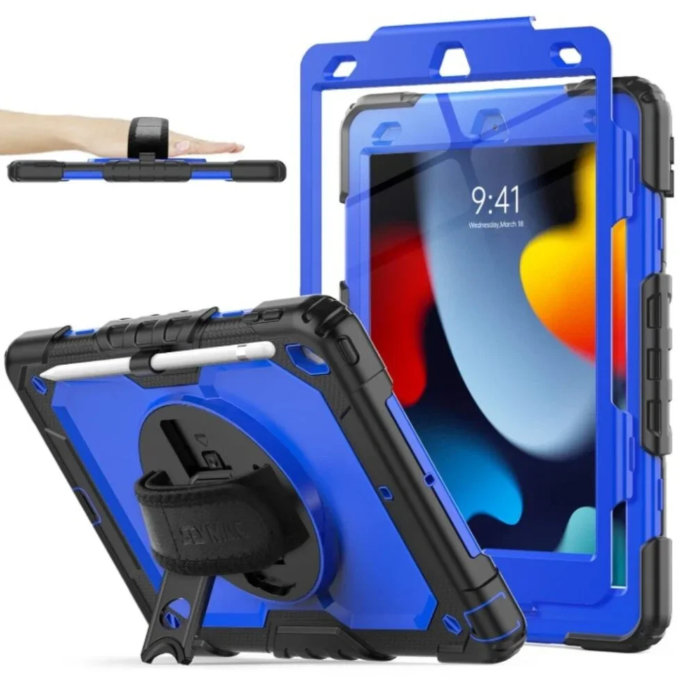 Shockproof iPad Case, Screen Protector, Pencil Holder, 360° Rotating Hand Stand